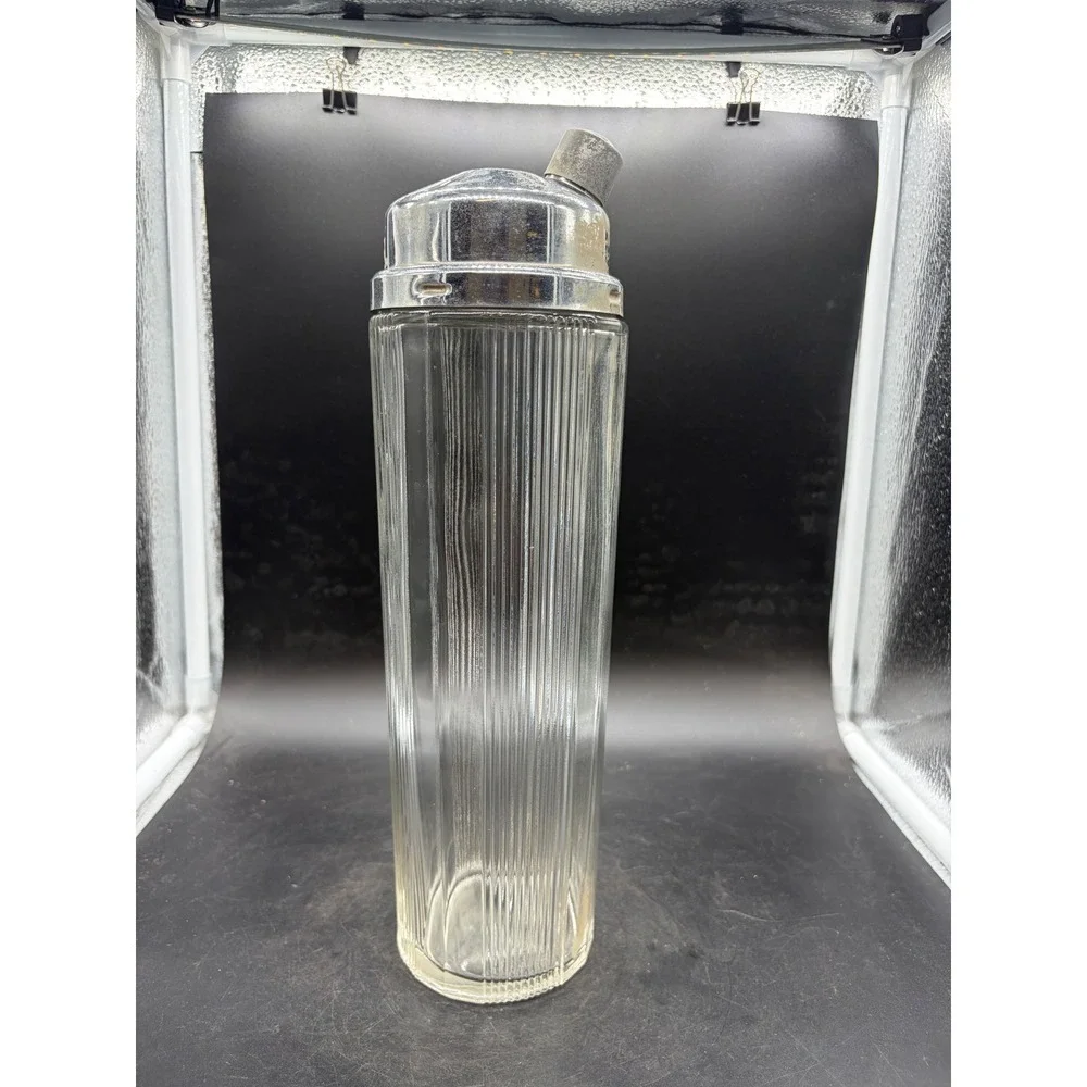 Vintage Art Deco Ribbed Glass Cocktail Shaker Chrome Top Mid Century Barware